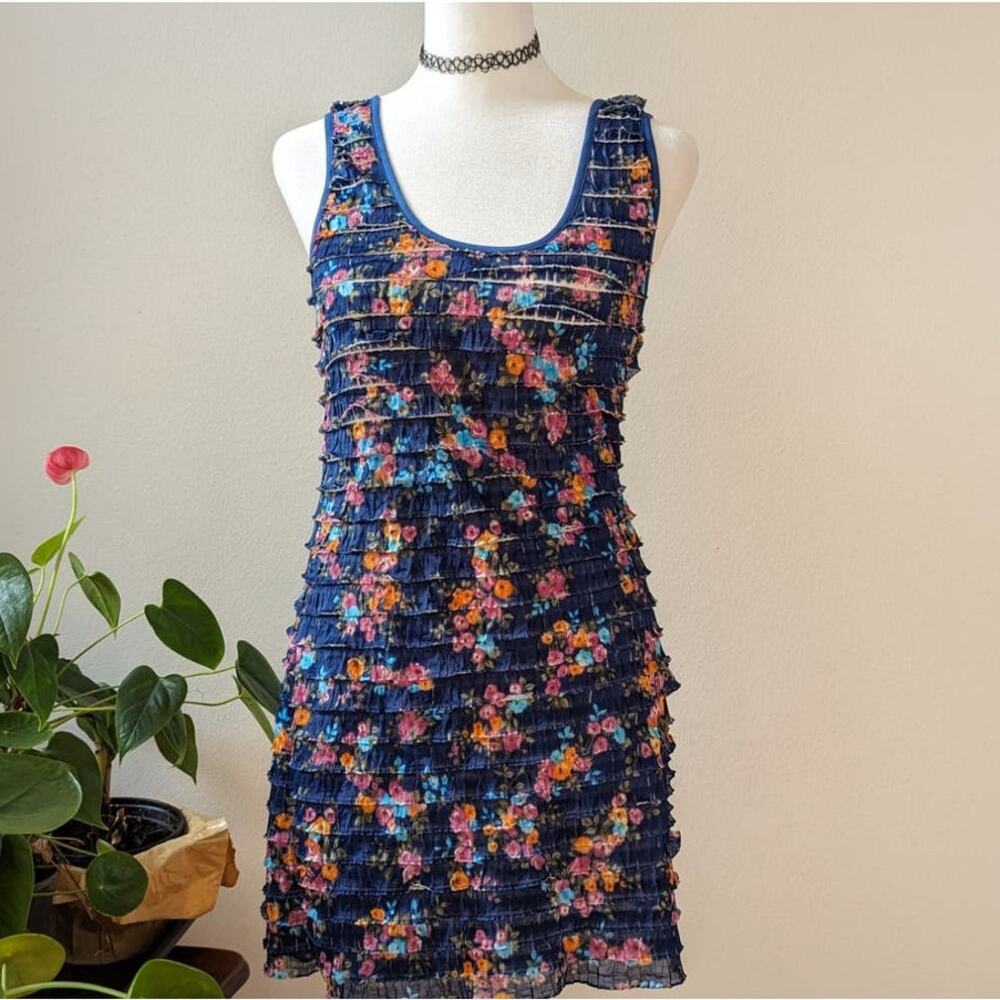 Free People Patra Navy Blue Ruffled Tiered Textured Floral Dress XS